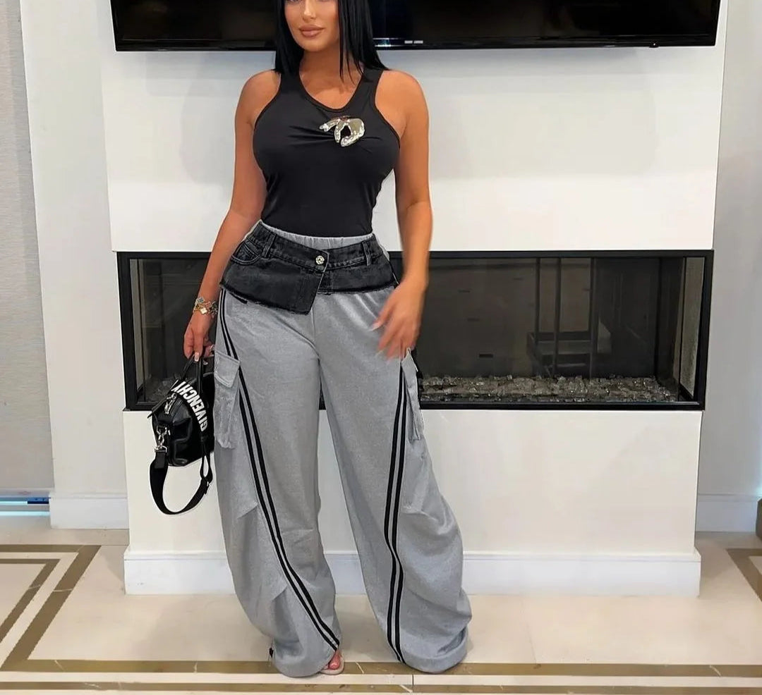 Women’s Denim Patchwork Pocket Side Wide Leg Loose Jogger Pants