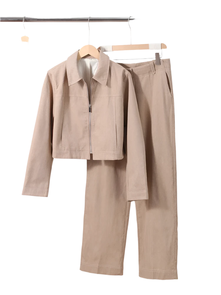 Women's Cotton Linen Lapel Zippers Crop Top & Straight Pants Set