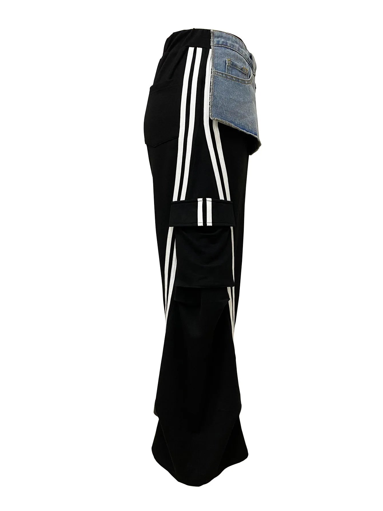 Women’s Denim Patchwork Pocket Side Wide Leg Loose Jogger Pants