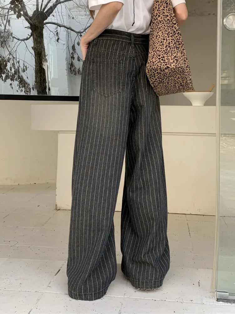 Women’s Washed Striped Black Casual Trousers