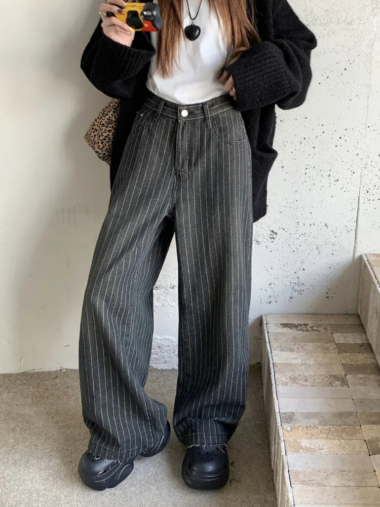 Women’s Washed Striped Black Casual Trousers