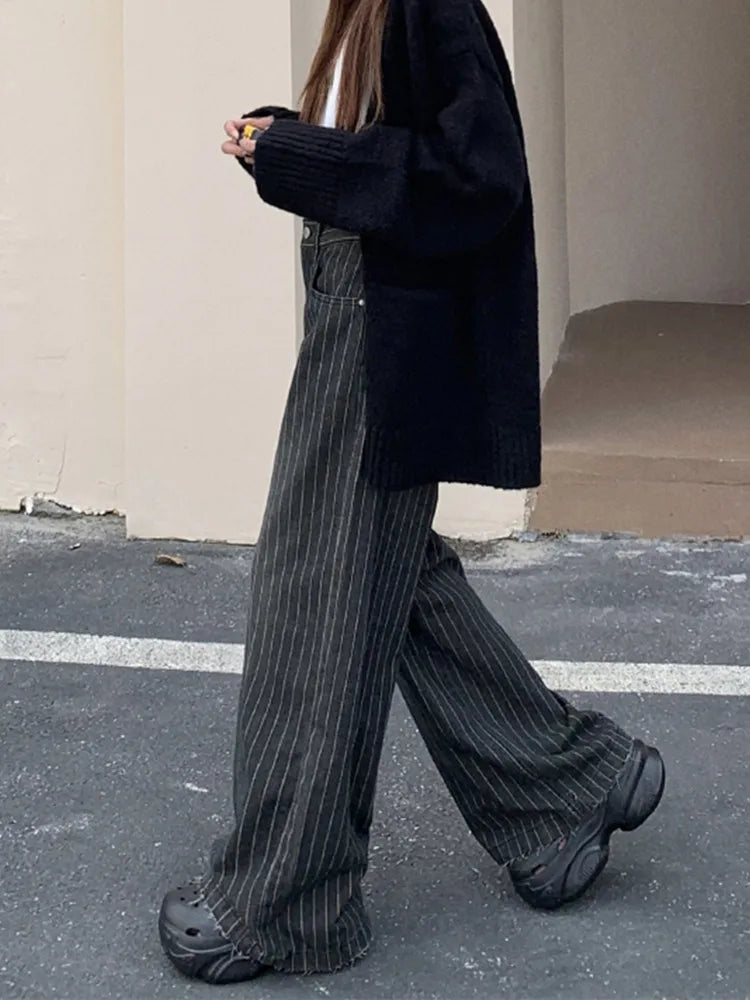 Women’s Washed Striped Black Casual Trousers