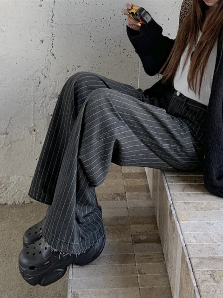 Women’s Washed Striped Black Casual Trousers