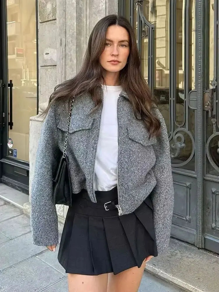 Women's Patch Pockets Flaps Cropped Jacket