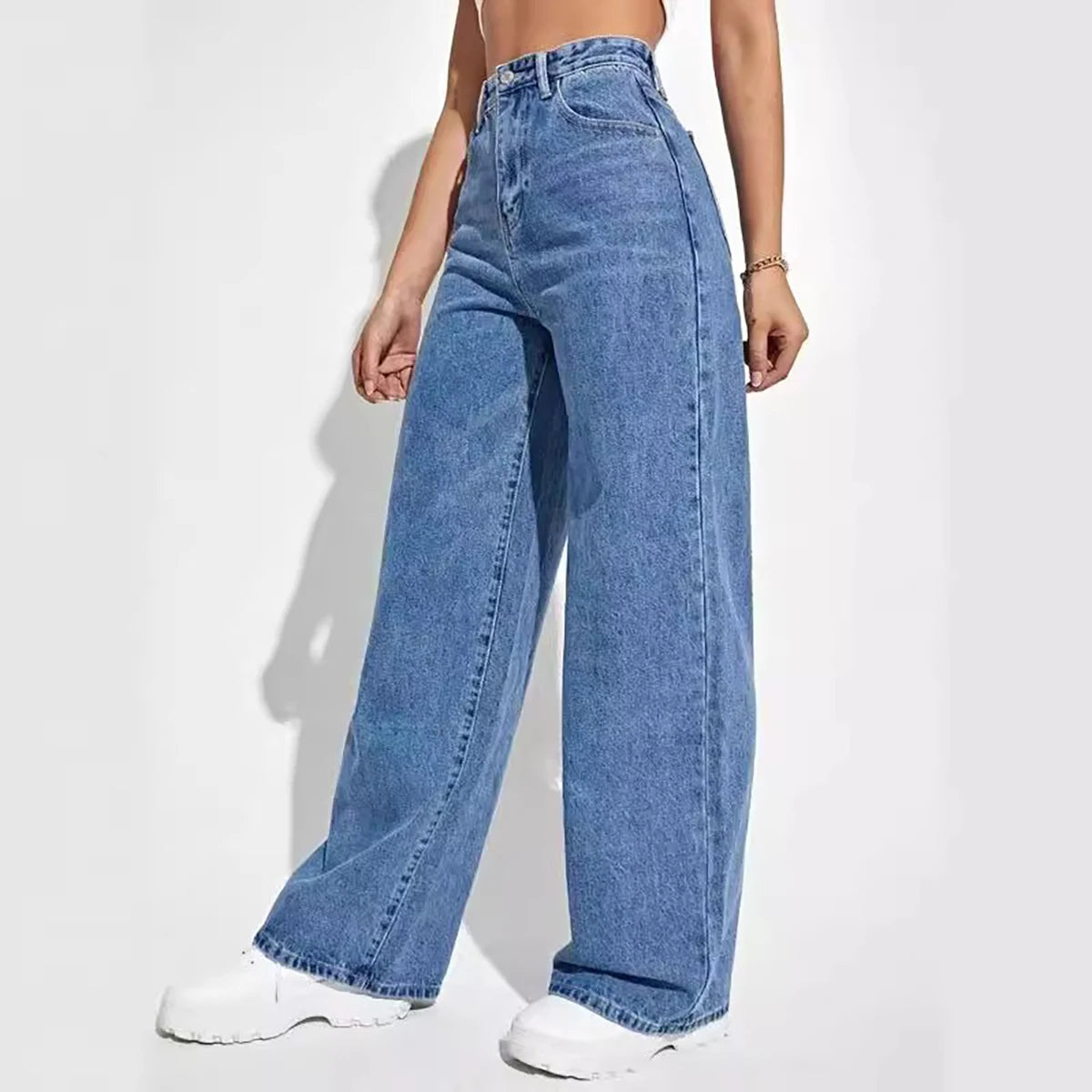 Women's deep blue wide leg straight jeans