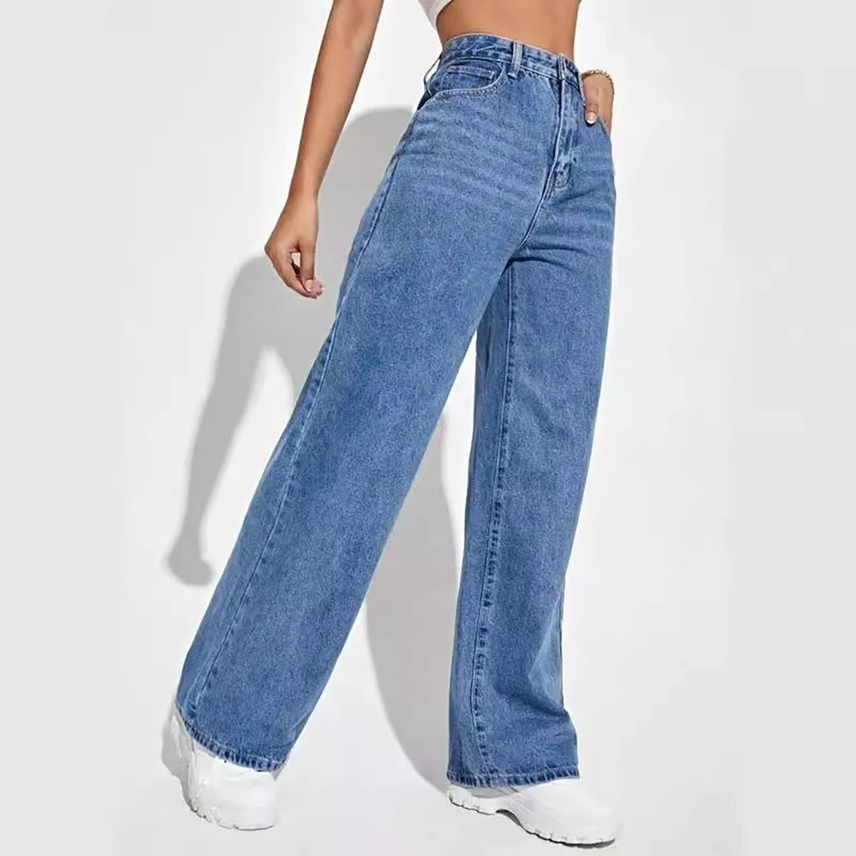 Women's deep blue wide leg straight jeans