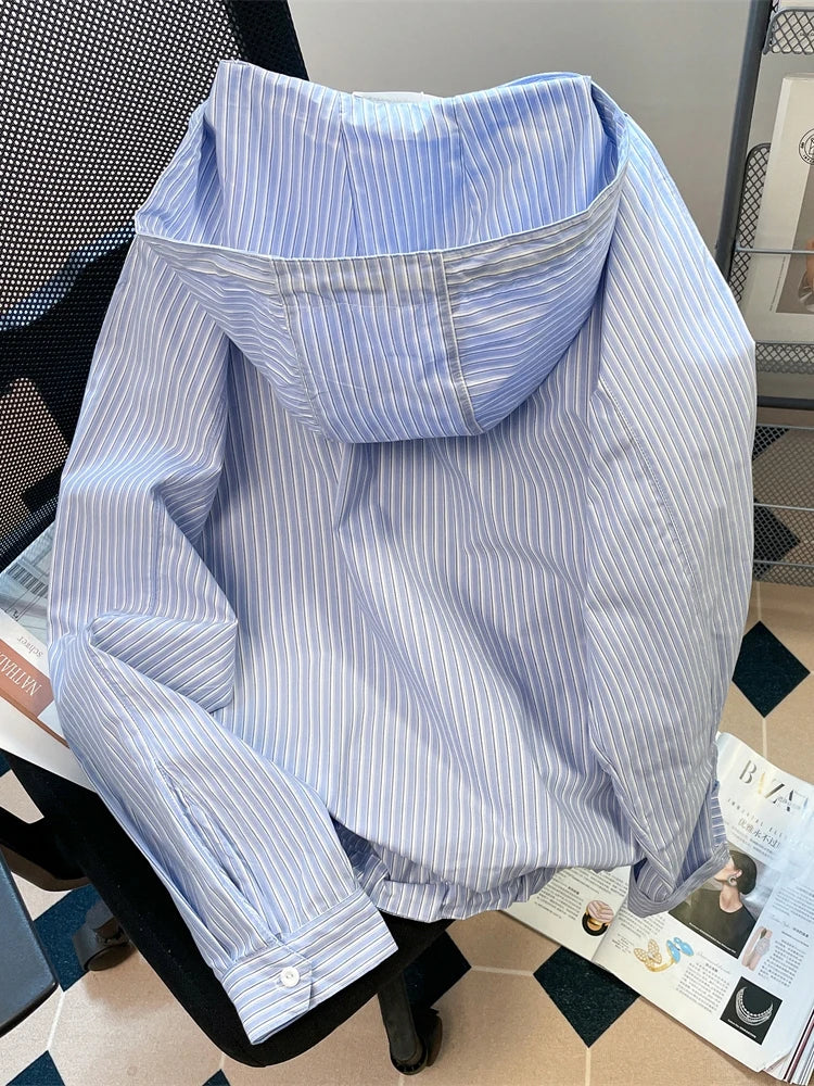 Unisex Leisure Style Blue Stripe Shirts