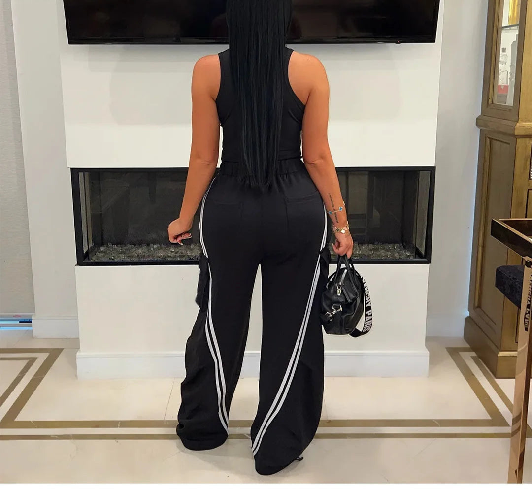 Women’s Denim Patchwork Pocket Side Wide Leg Loose Jogger Pants