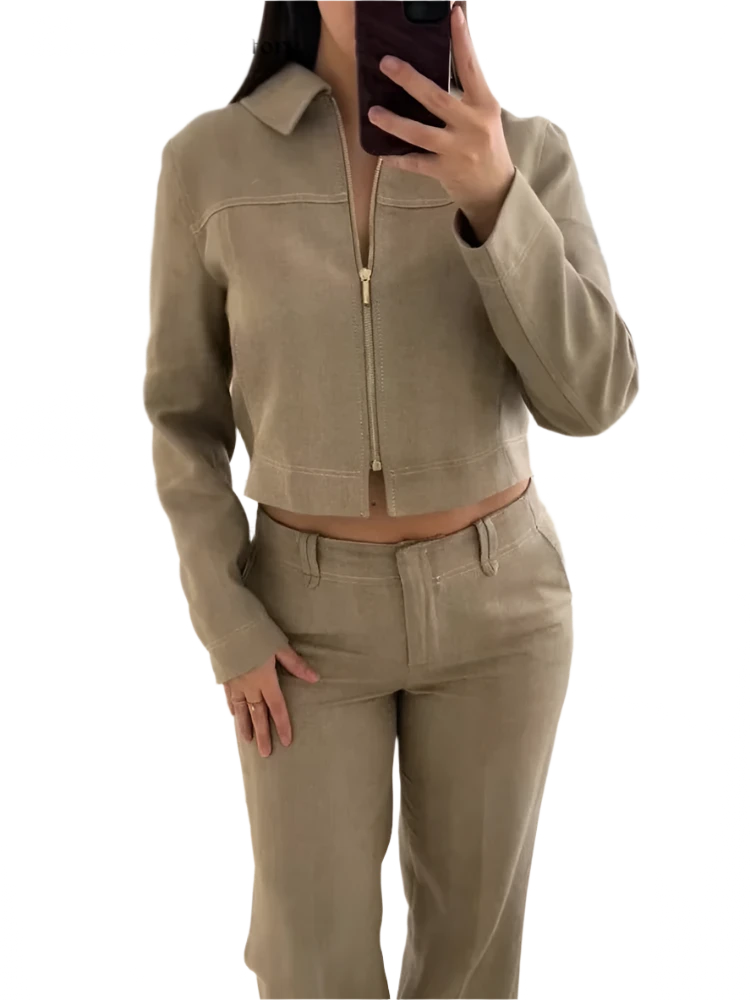 Women's Cotton Linen Lapel Zippers Crop Top & Straight Pants Set