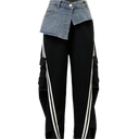 Women’s Denim Patchwork Pocket Side Wide Leg Loose Jogger Pants