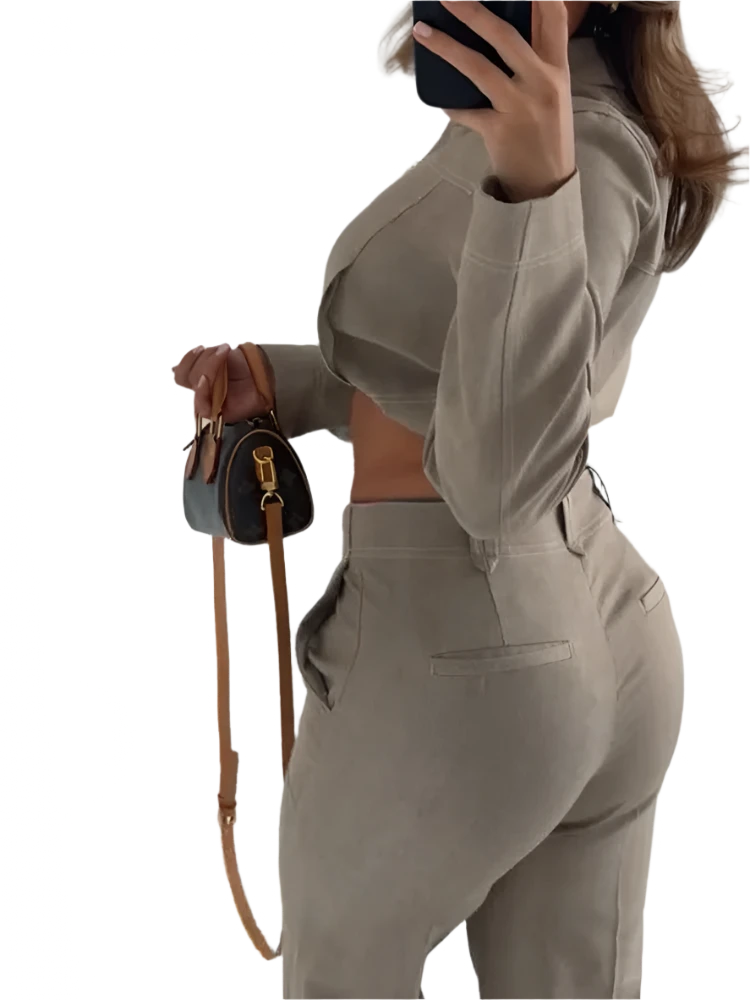 Women's Cotton Linen Lapel Zippers Crop Top & Straight Pants Set