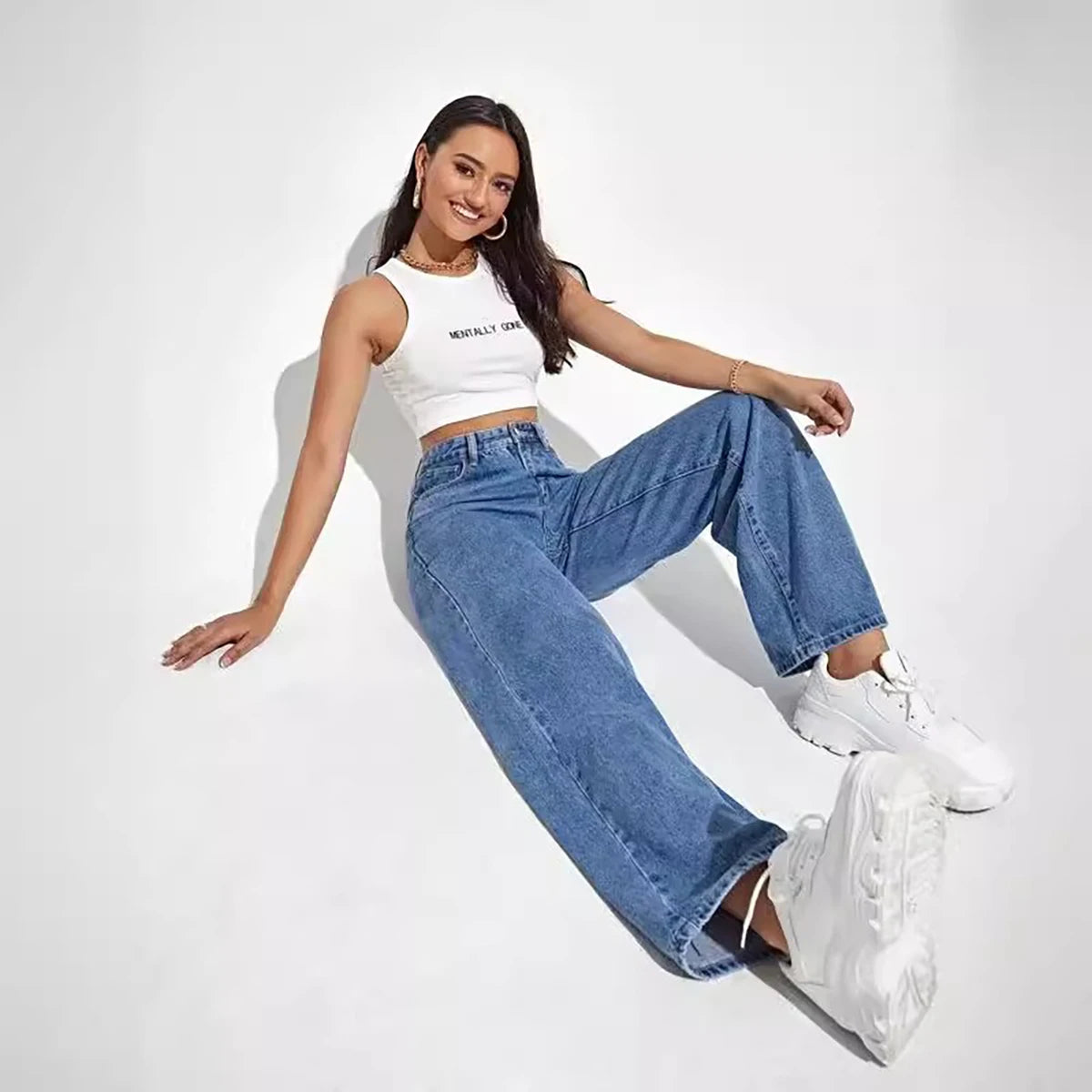 Women's deep blue wide leg straight jeans