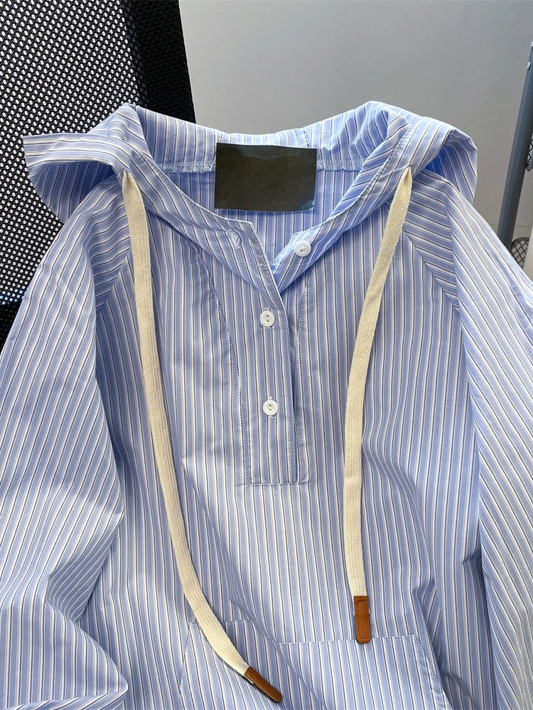Unisex Leisure Style Blue Stripe Shirts