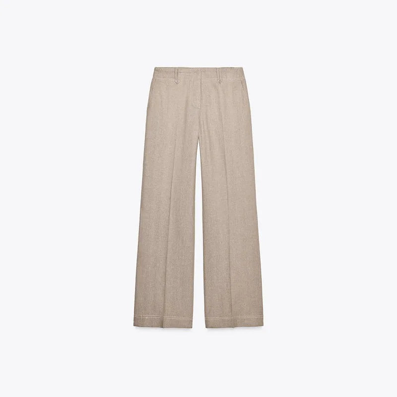 Women's Cotton Linen Lapel Zippers Crop Top & Straight Pants Set