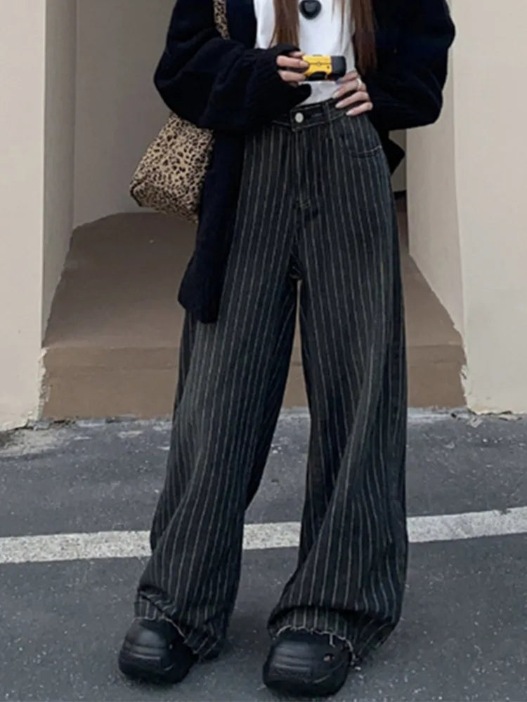 Women’s Washed Striped Black Casual Trousers