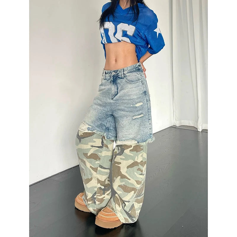 Women's Patchwork Fatigue Ripped Denim