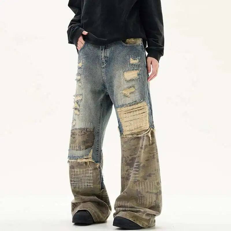 Men's Embroidery Ripped Camouflage Denim