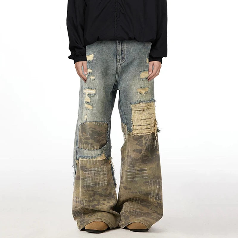Men's Embroidery Ripped Camouflage Denim