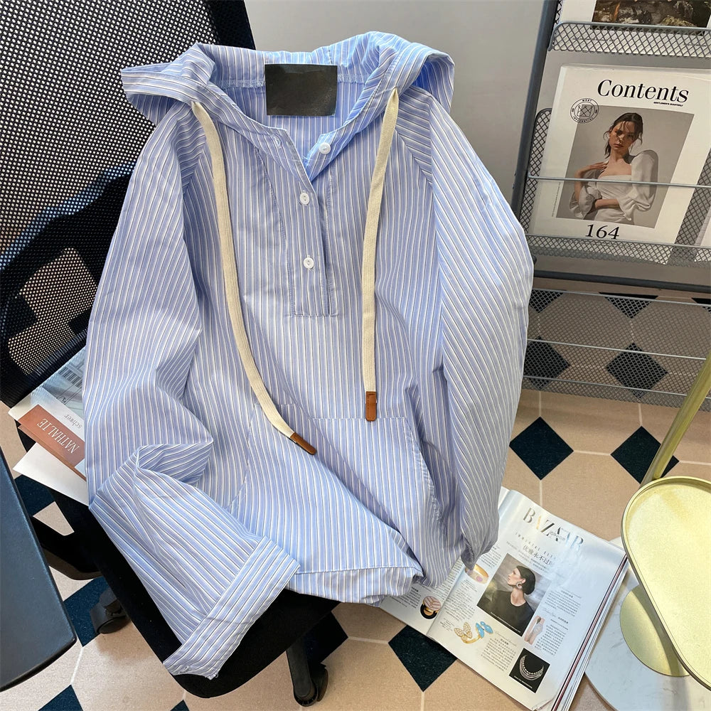 Unisex Leisure Style Blue Stripe Shirts