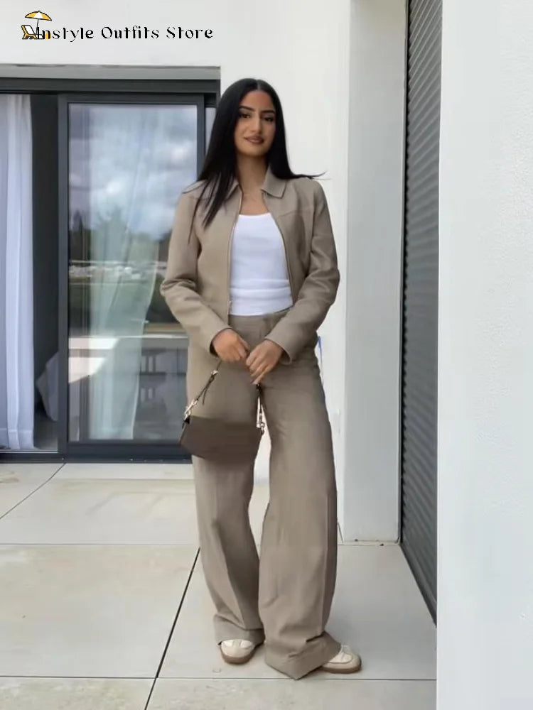 Women's Cotton Linen Lapel Zippers Crop Top & Straight Pants Set