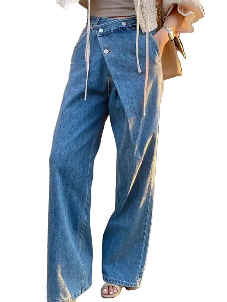 Women's Slanted Pleated High Waisted Blue Jeans