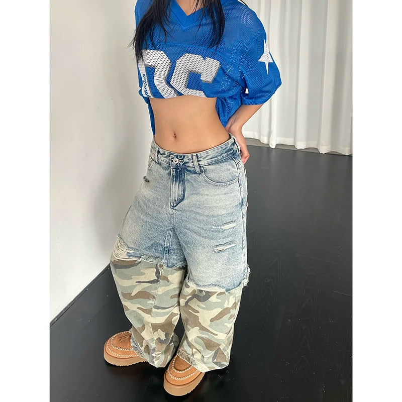 Women's Patchwork Fatigue Ripped Denim