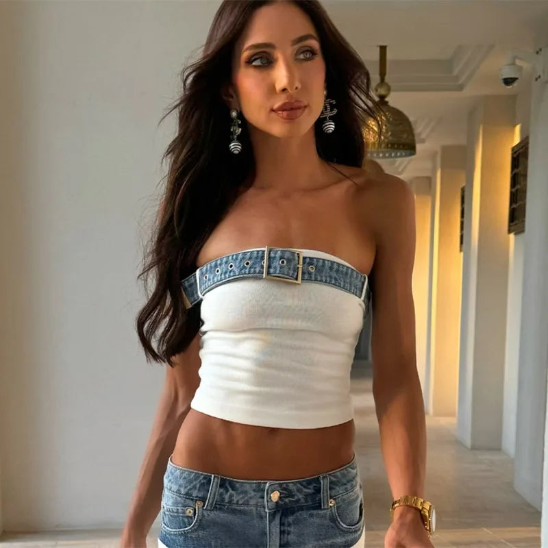 Women’s Sleeveless Tube Belt Croptop Baggy Straight Jeans