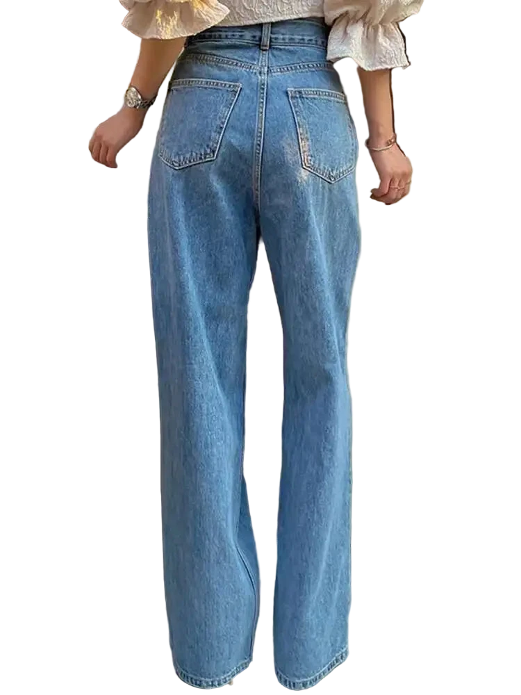 Women's Slanted Pleated High Waisted Blue Jeans