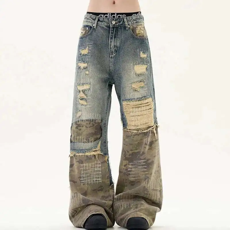 Men's Embroidery Ripped Camouflage Denim