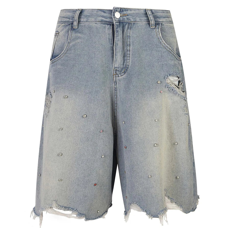 Men's Studded Ripped Jeans Shorts