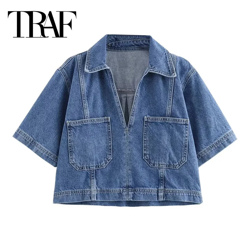 Women’s Denim Short Sleeve Cropped Shirt & Skirt