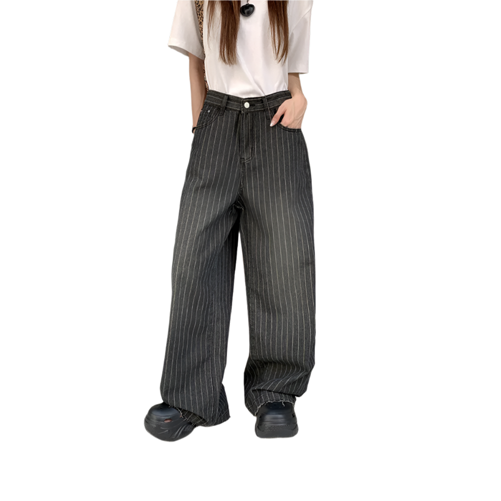 Women’s Washed Striped Black Casual Trousers