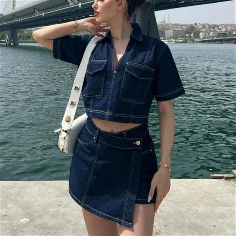 Women’s Denim Short Sleeve Cropped Shirt & Skirt