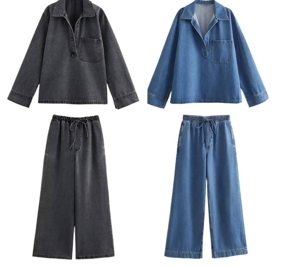 Women's Parkway Denim Blouse Jacket and High Waist Trousers