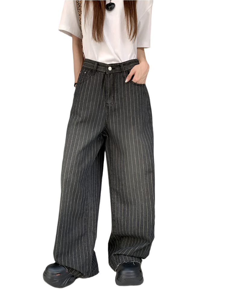 Women’s Washed Striped Black Casual Trousers