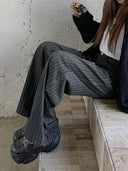 Women’s Washed Striped Black Casual Trousers