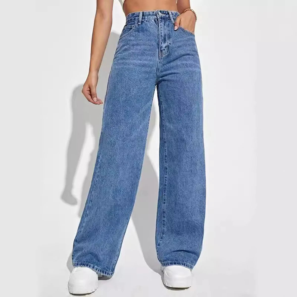 Women's deep blue wide leg straight jeans