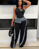 Women’s Denim Patchwork Pocket Side Wide Leg Loose Jogger Pants