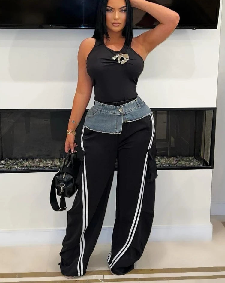 Women’s Denim Patchwork Pocket Side Wide Leg Loose Jogger Pants