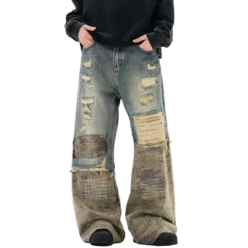 Men's Embroidery Ripped Camouflage Denim