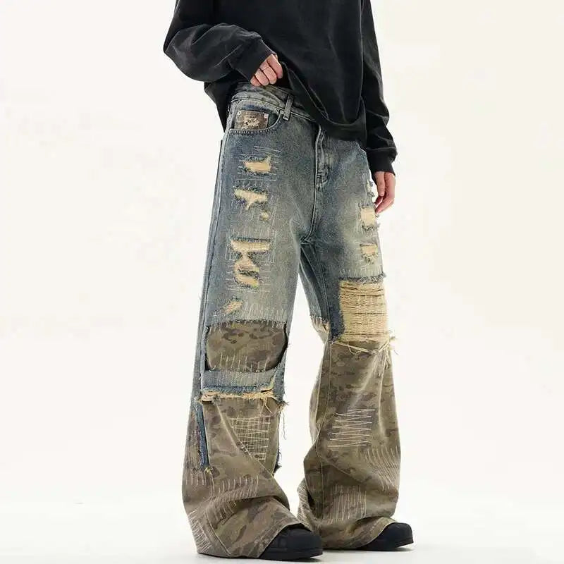 Men's Embroidery Ripped Camouflage Denim