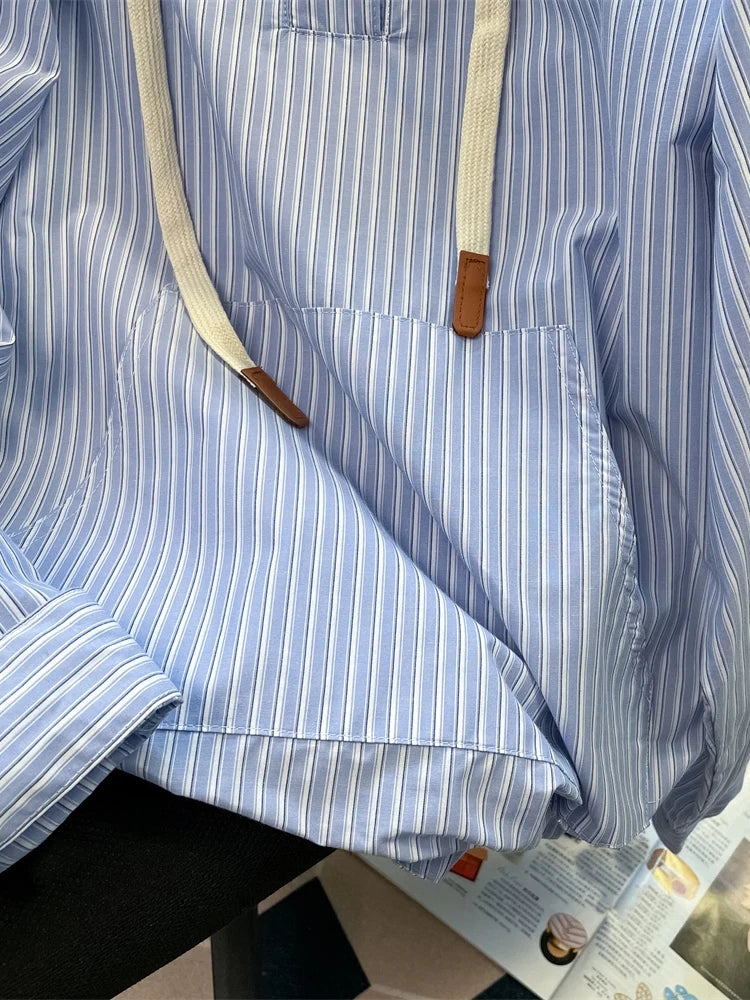 Unisex Leisure Style Blue Stripe Shirts