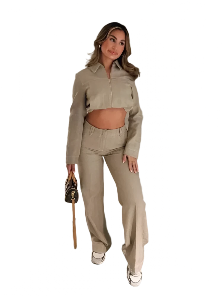 Women's Cotton Linen Lapel Zippers Crop Top & Straight Pants Set