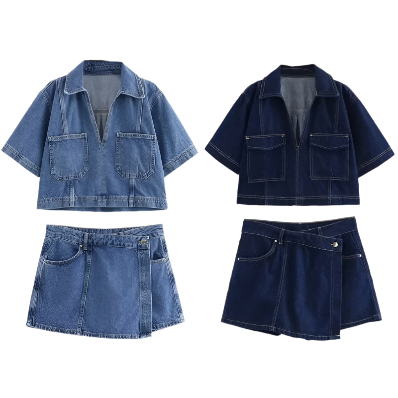 Women’s Denim Short Sleeve Cropped Shirt & Skirt