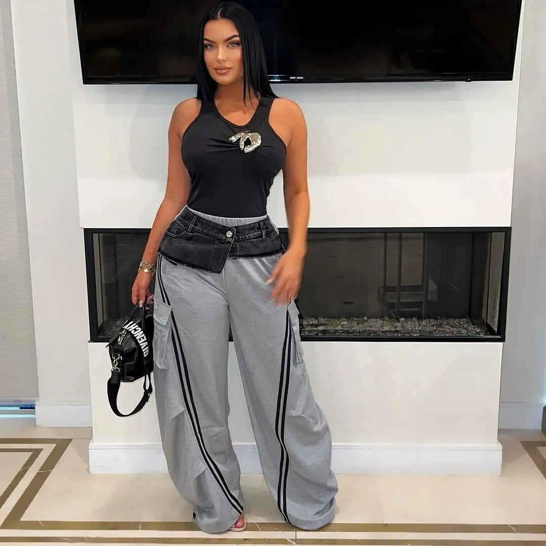 Women’s Denim Patchwork Pocket Side Wide Leg Loose Jogger Pants