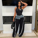 Women’s Denim Patchwork Pocket Side Wide Leg Loose Jogger Pants