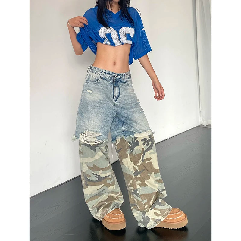 Women's Patchwork Fatigue Ripped Denim