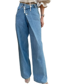 Women's Slanted Pleated High Waisted Blue Jeans