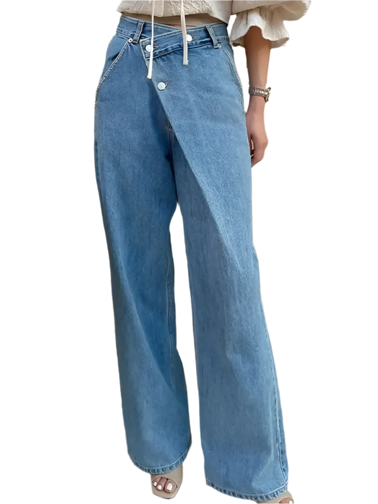 Women's Slanted Pleated High Waisted Blue Jeans