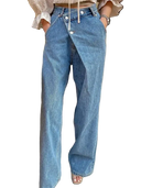 Women's Slanted Pleated High Waisted Blue Jeans